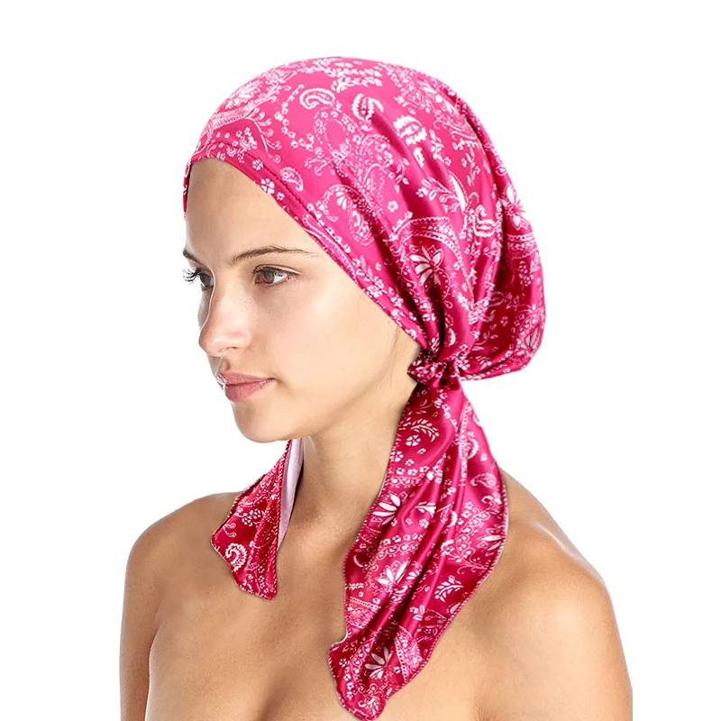 New Women Printed Pre-Tied Turban Cap Muslim Hijab Inner Caps Hair Loss Cover Beanies Bonnet Long Tail Headscarf Strech Bandana