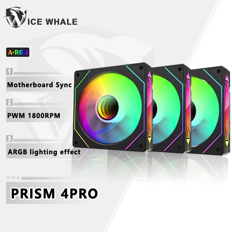 ICE 고래 프리즘 4 PRO PC 케이스 선풍기, ARGB 순환 거울 조명 효과 PWM 800-1800RPM CPU 쿨러 환풍기, 120mm, 3PCs 