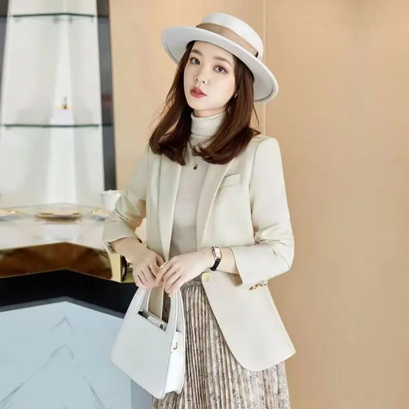 Elegant And Youthful Woman Blazer Summer Streetwears Wrap Beige Khaki Green Gray High Classic Buttons Textured Woolen Stylish
