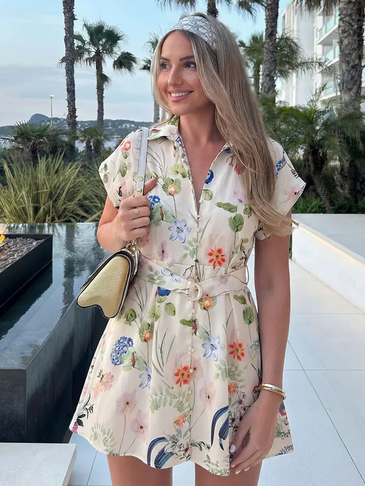 HH Damen Blumenprint Hemdkleid mit Kragen Kurzarm Knopfleiste Gürtel Mini-Kleider für Frauen Party Urlaub Outfits