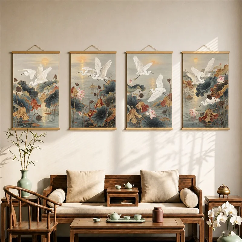 Wall Art White Egrets and Autumn Lotus, Oriental Ink Pearlescent Canvas Hanging Scroll with Wooden Rods for Tea House