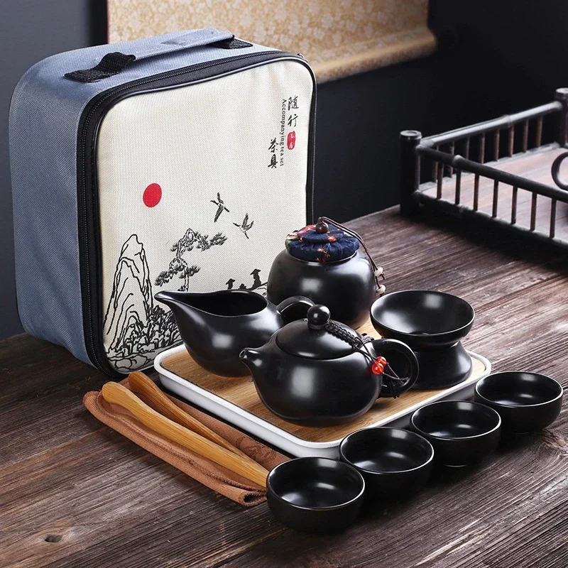 

Portable Ceramic Teaware Set Chinese Kung Fu Pot Traveller with Bag Gaiwan Cups of Ceremony