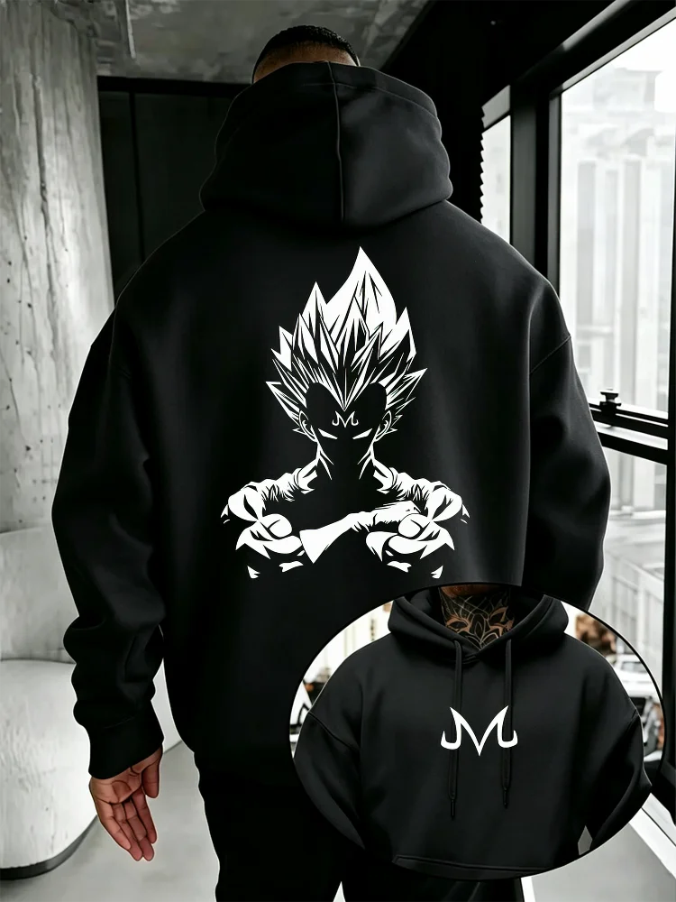 Dragon Ball Majin Vegeta Anime Hoodie Men Front Back Double Print Oversized Drawstring Hooded Sweatshirt Pocket Street Top