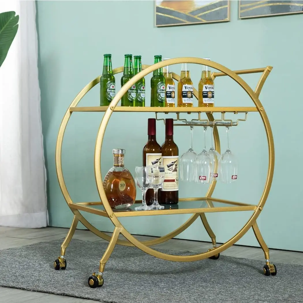 

Round Gold Bar Cart 2 Mirrored Shelves Bar Serving Cart with Wheels and Glass Holder, Mobile Wine Cart for The Home/Kitchen/Club