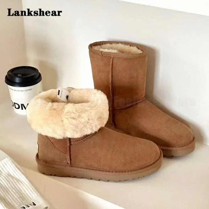 Sheepskin Fur One-Piece Snow Boots for Women Mid-High Soles with Bows On The Back Slip-On Short Boots Warm Wool Boots for Winter