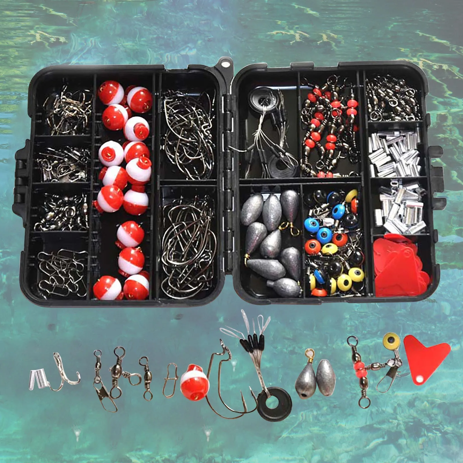 264pcs Fishing Accessories Set With Tackle Box Including Plier Hooks Weight Swivels Snaps Slides