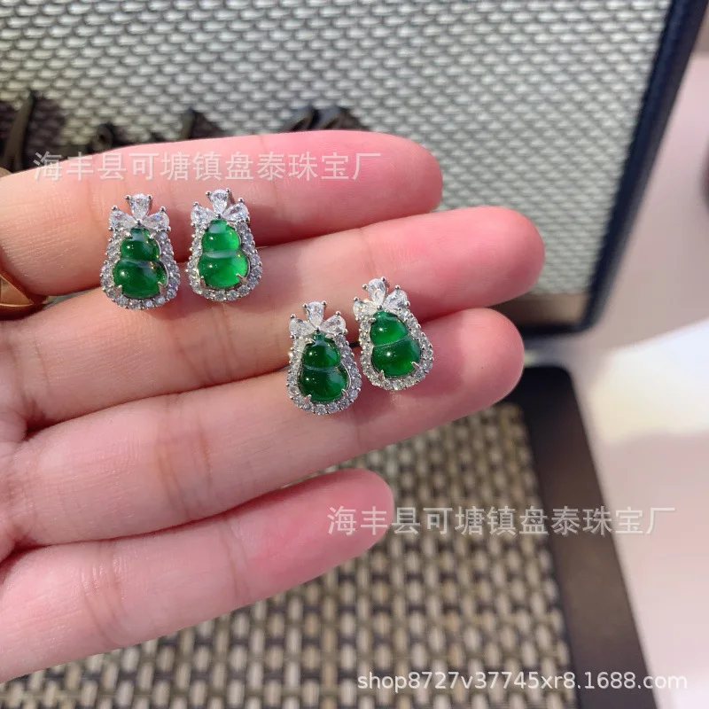 Natural Dangerous Jade Gourd Ear Studs S925 Silver Inlaid