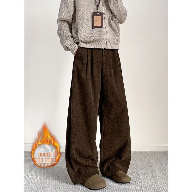 

American Sle Men's Brown Corduroy Pants Autumn Winter Fce Lined Loose Casual Vintage Heavy Warm Wide Leg Trousers