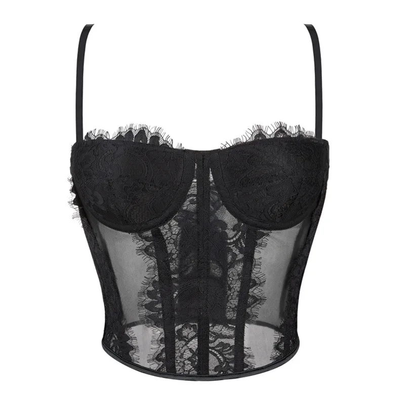 

Women Lace Mesh Bra Camisole Corset Bustier Crop Spaghetti Strap Slim Gothic Vintage Fashion Body Shaper Lingerie Summer Top