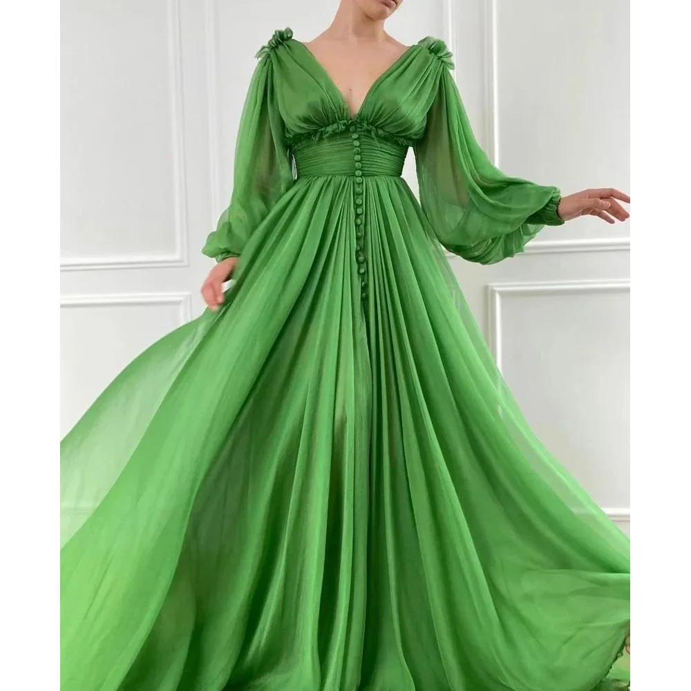 MOBEYE 2024 Green A Line V Neck Long Sleeve Chiffon Slit Long Luxury Turkey Dubai Saudi Arabia Ball Gown