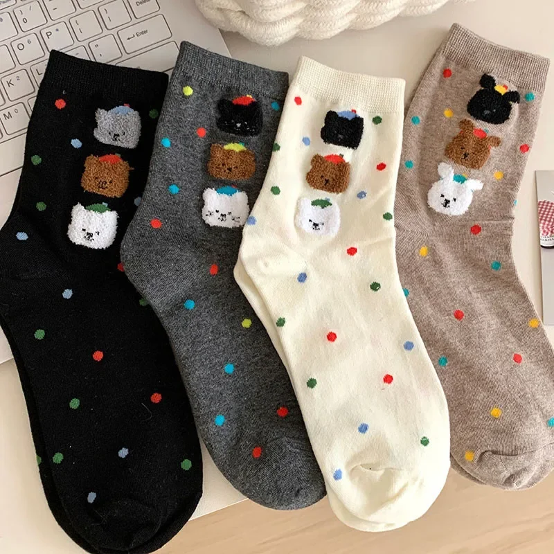 Women Cartoon Cute Bear Socks Spring Autumn Pure Cotton Trendy Colorful Polka Dot Skin-friendly Breathable Kawaii Ankle Socks