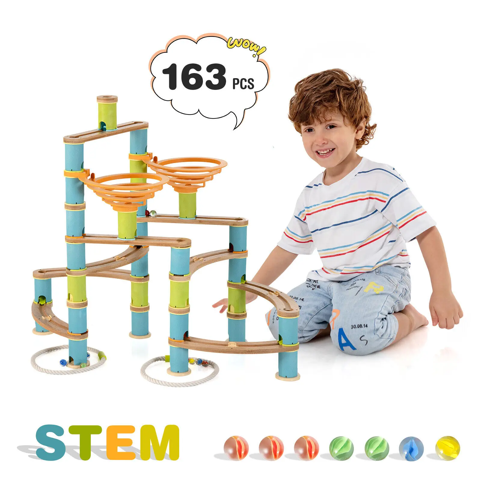 Babyjoy Wooden Marble Run Construction 162PCS STEM Educational Learning Toys for Kid