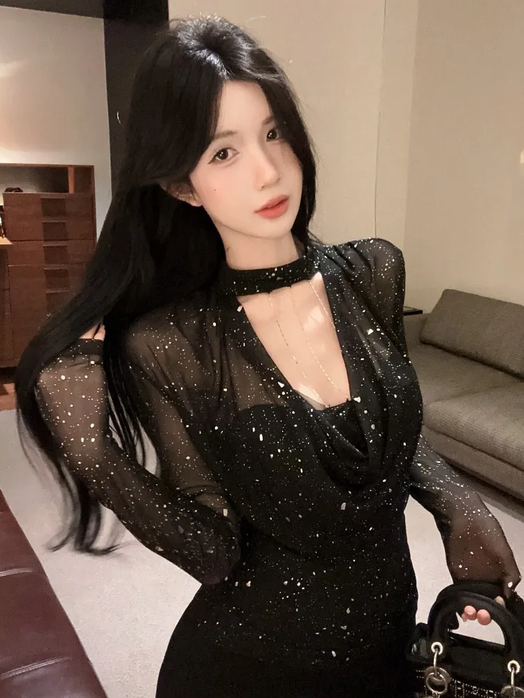 

Elegant Long Sleeve T-Shirt Women's Inner Wear Neck Hanging Diamond Heating Luxury Feel Autumn Black Shirt City Walk Skin Fri...