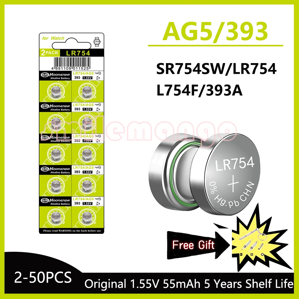 2-50PCS 1.55V AG5 LR754 Button Batteries 193 393 SR754 Round Cell Coin Alkaline Battery L754 SR754SW LR48 For Watch Toys Clock