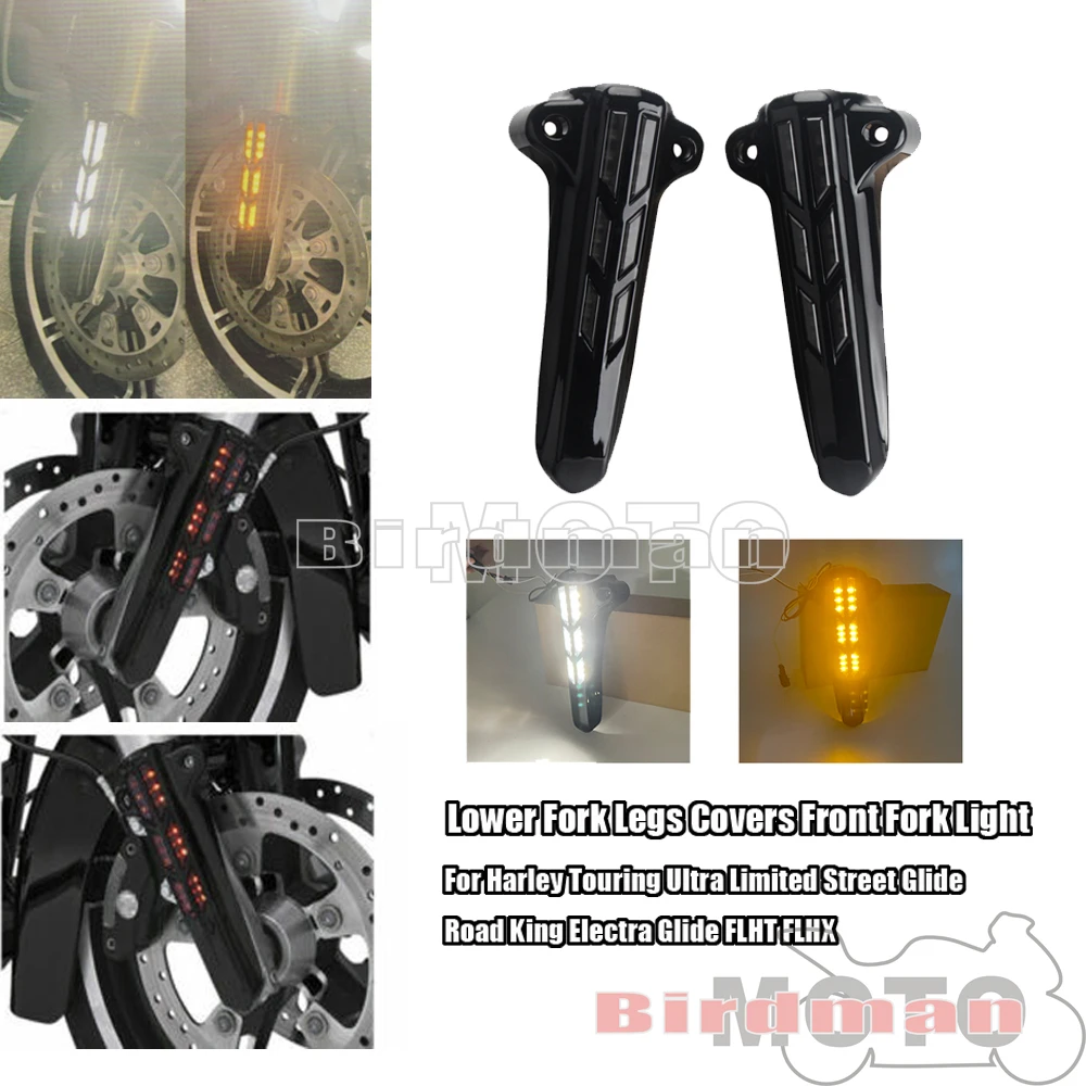 

LED Turn Light Front Lower Fork Leg Slider Cover For Harley Touring Ultra Limited Street Glide Road King Electra Glide FLHT FLHX