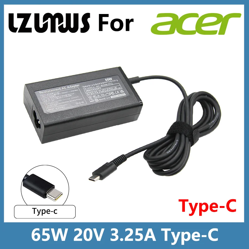Cargador de portátil tipo C de 65W 20V 3.25A compatible con Acer Aspire 3 5 14 15 515 315 A315-22 A315-23 A325-42 A315-58 A315-58G