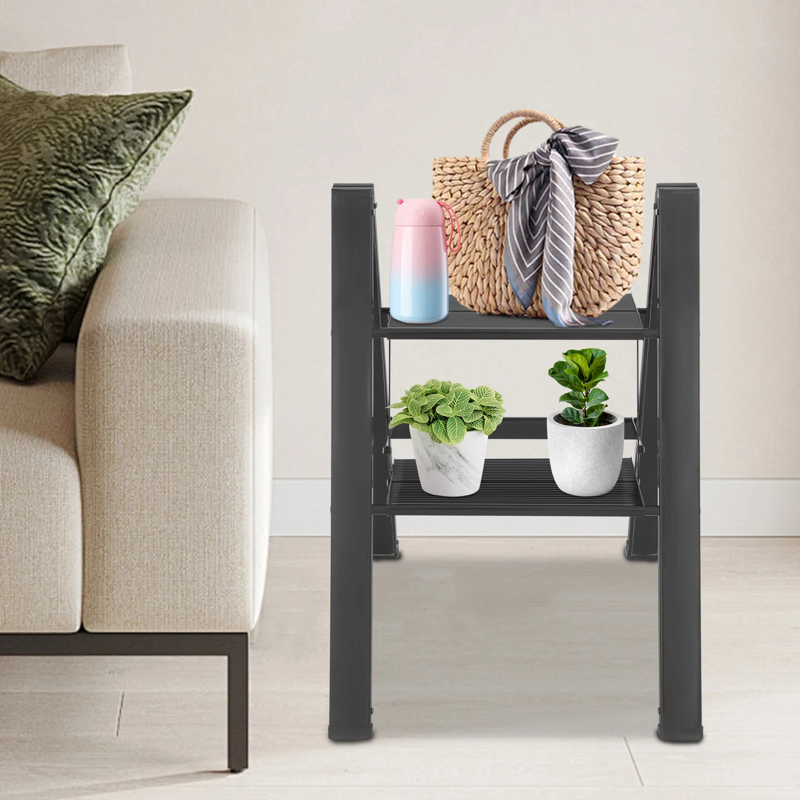 سلم قابل للطي بخطوتين، رف تخزين أدوات التسلق العملي بجانب السرير، مقعد للشرفة وغرفة المعيشة وغرفة النوم والمرآب