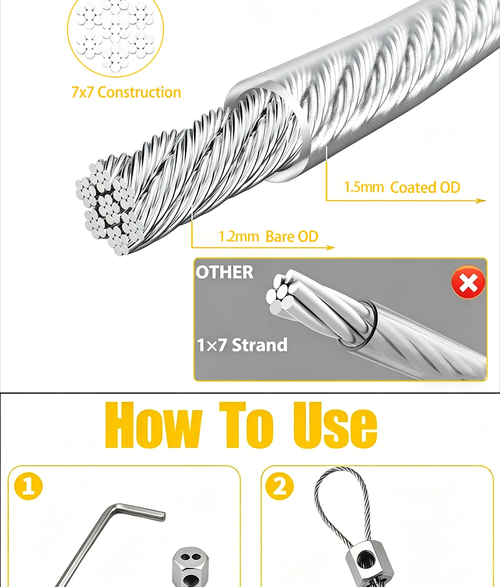 5/10/20 m 1,5 mm Edelstahl-Drahtseil-Set mit Kabelklemme und PVC-Beschichtung für Wäscheleinen, Gartengeländer, Außenzäune – Detail 3