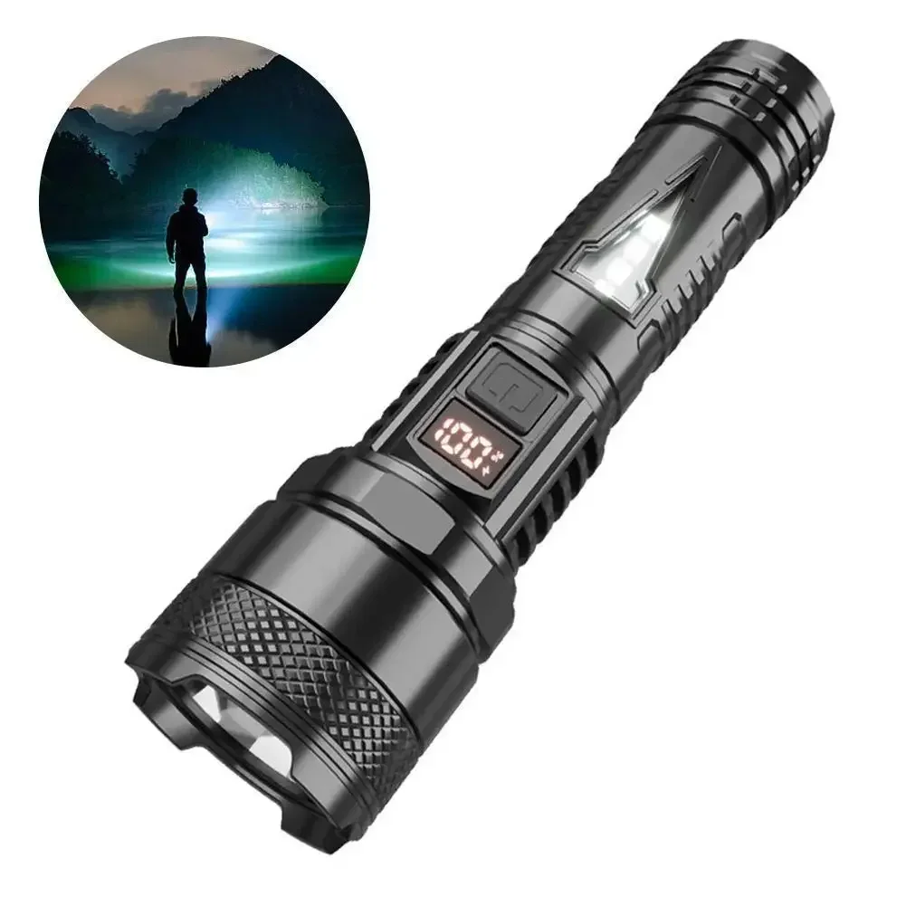 Hochleistungs-Laterne mit großer Reichweite, superhelle LED-Taschenlampe, wiederaufladbar über USB, taktische Taschenlampe mit Seitenlichtlampe, wasserdicht, für den Außenbereich