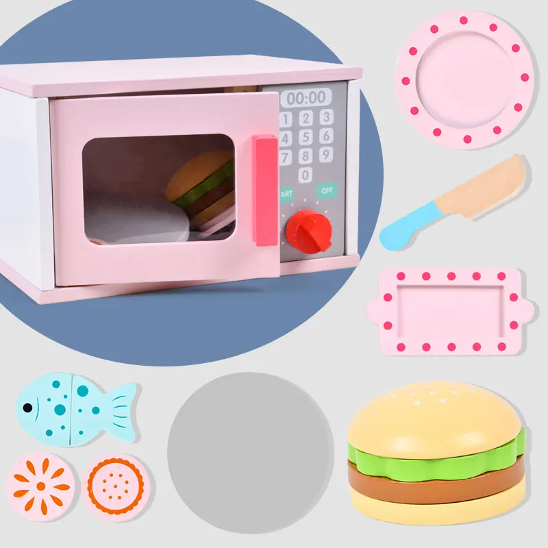 Children's microwave toys, cutting music, children's home cooking, kitchen set, simulated kitchen utensils, wooden