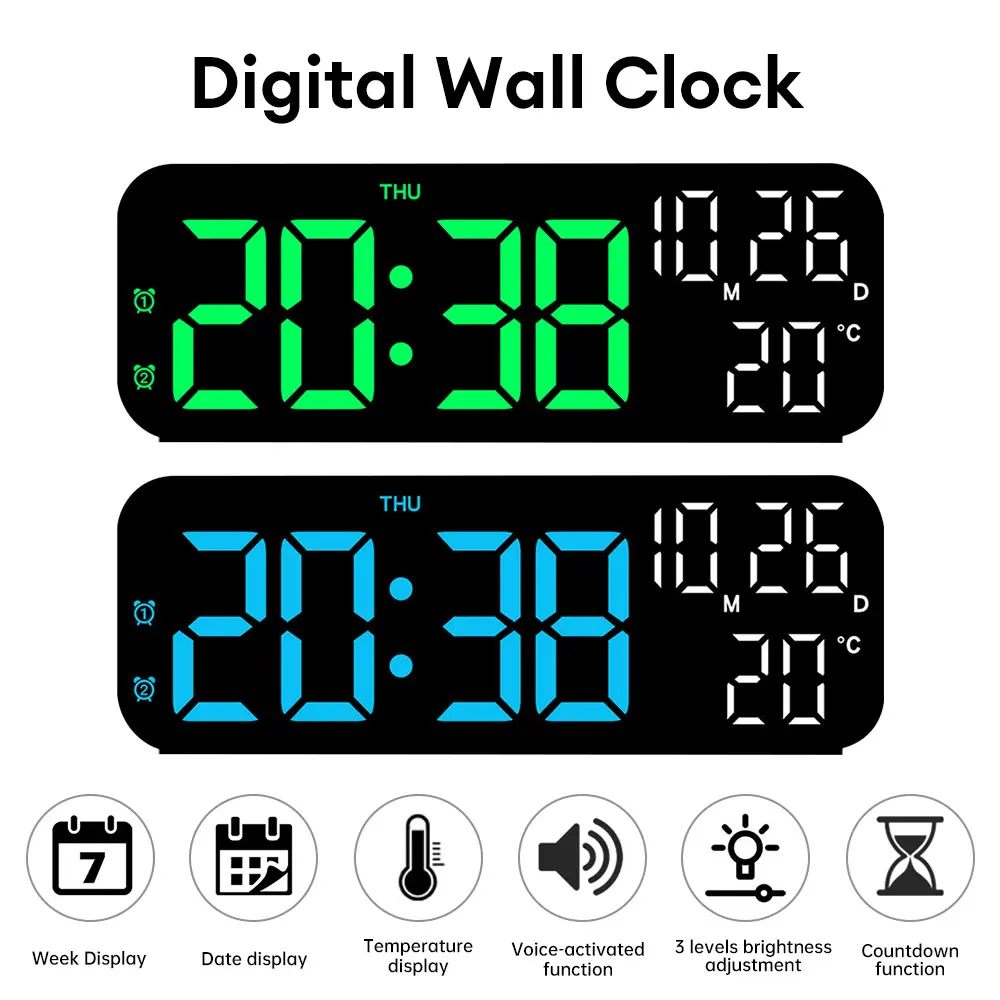 Voice Control LED Alarm Clock Temperature and Date Week Display 12/24H Electronic Alarm Clock Adjustable Brightness Table Clock