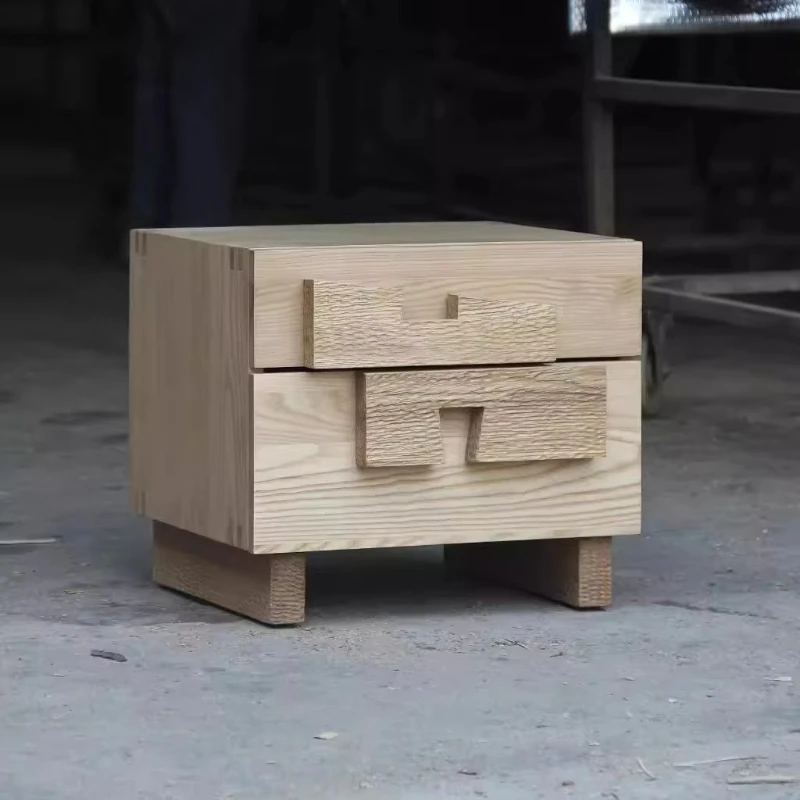 

Retro design bedside table with tree knot leather surface ancient style solid wood bedside table