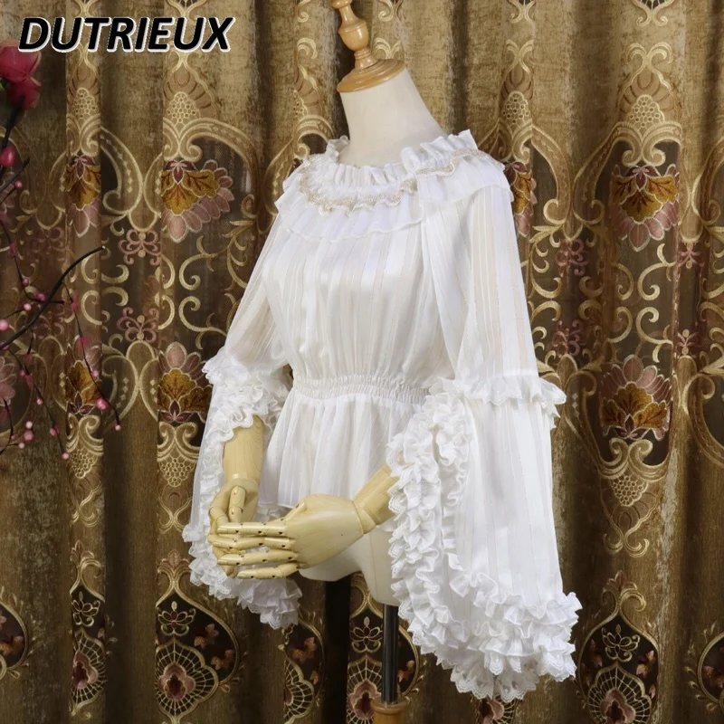 Lolita-Chemisier original doux et mignon pour fille, haut intérieur à col ras du cou, Phnom Penh, rayé, corne, manches longues, chemise en mousseline de soie couvertes