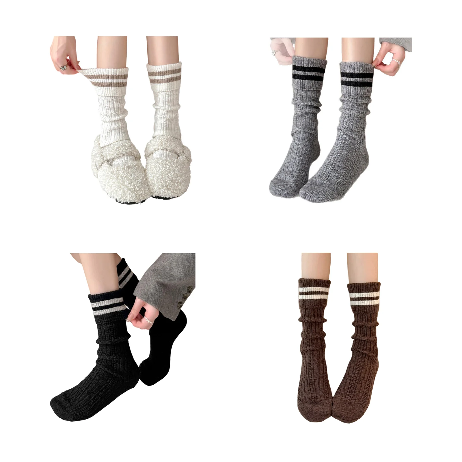 Autumn and winter warm knitted twist calf socks four-color combination (white/dark grey/black/coffee, one pair each in one size)