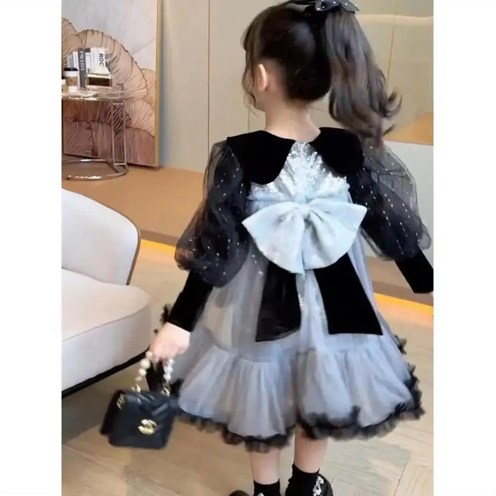 2024 Spring And Autumn Clothing New Girls' Doll Neck Sequin Bow Tie Korean Version Fashion Princess Dress