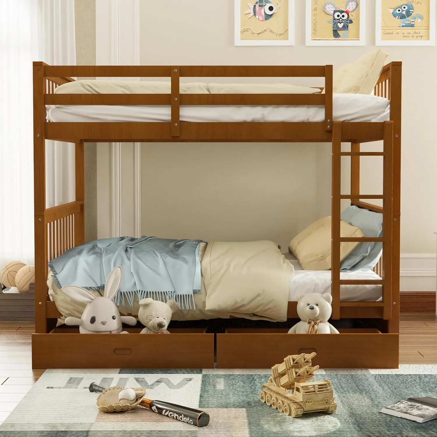 

Full Over Full Solid Wood Bunk Bed Frame with Drawers Ladders Convertible Detachable Storage Bedroom Furniture Walnu