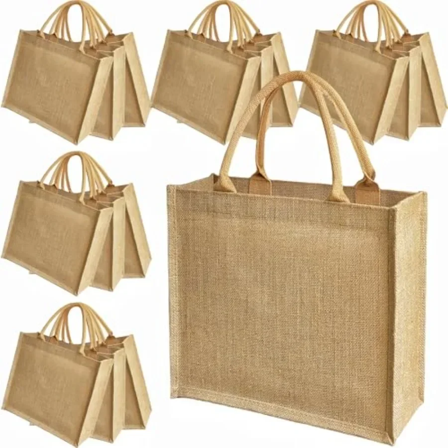 Lot de 15 sacs fourre-tout en toile de jute 12x12x6 pouces, sacs à main en jute naturel avec doublure imperméable, sacs cadeaux réutilisables pour mariage, plage, etc.