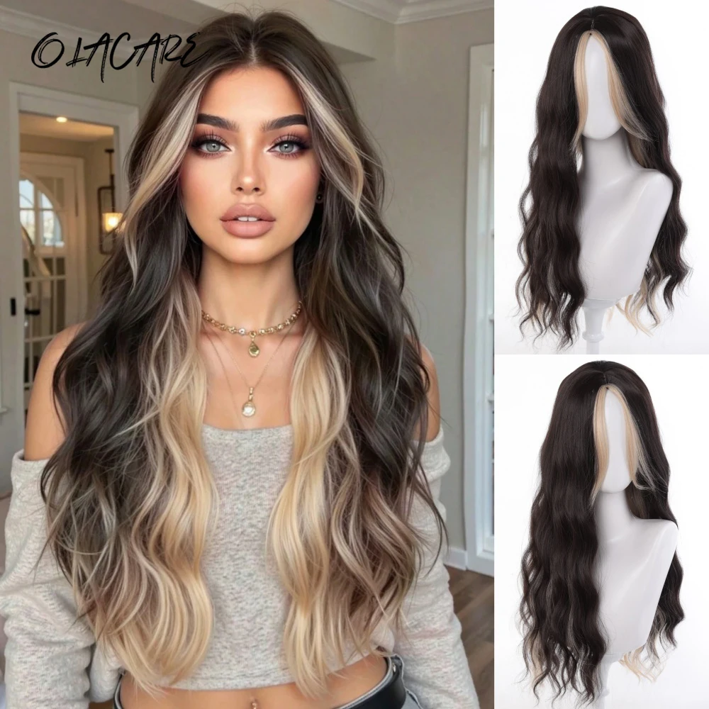 OLACARE Long Body Natural Wave Brown Highlight Blonde 28 Inch Synthetic Wig Middle Part Natural Looking Wig Girl For Women