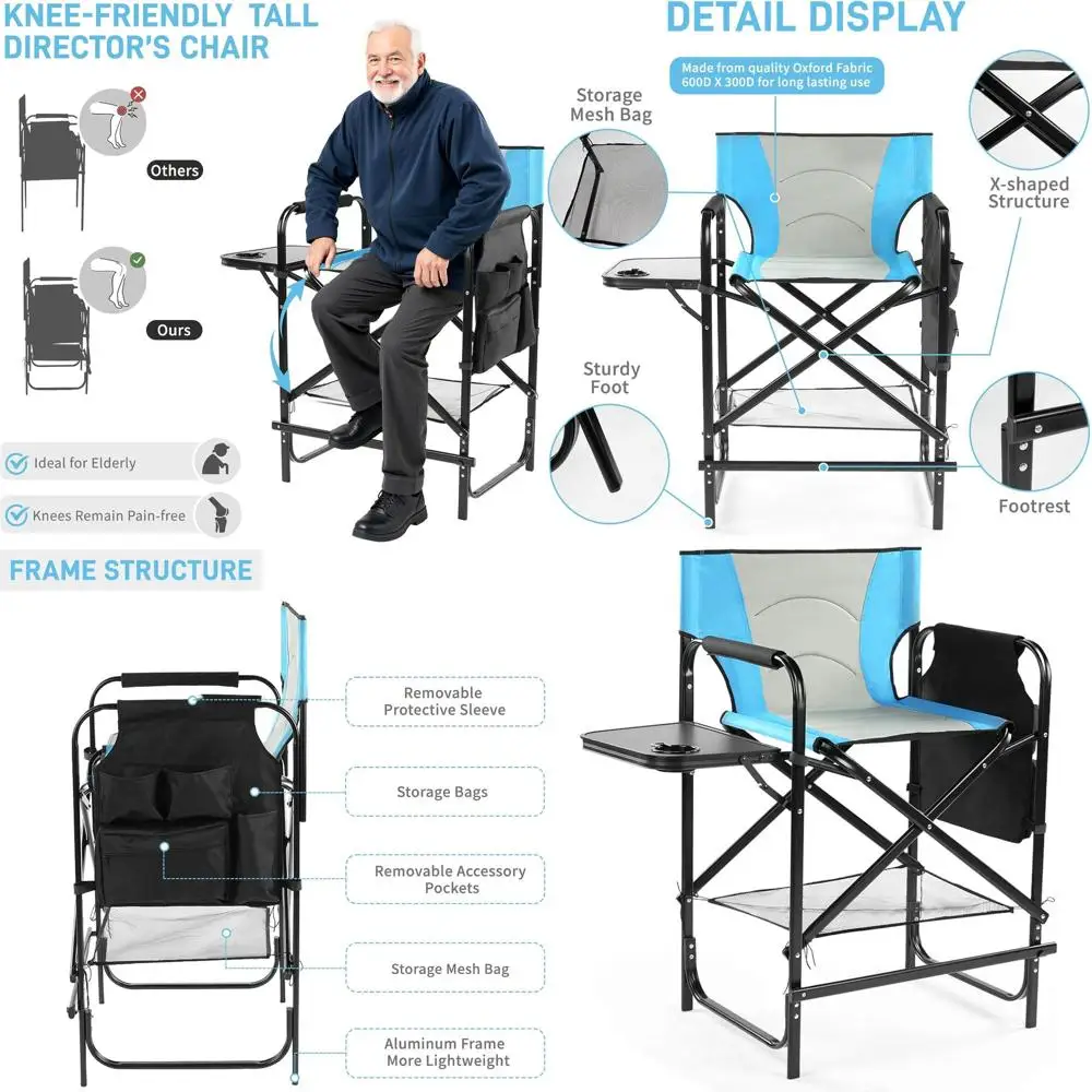 

Portable Bar Height Folding Chair with Side Table and Storage Bag, Supports 300Lbs, Ideal for Makeup Artists (Blue/Black)
