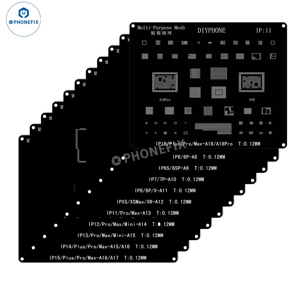 Conjunto de Kit de Estêncil de Reballing Bga de Aço Preto para Iphone 16 15 14 13 12 11 Pro Max x 8p Cpu de Aço Preto ic Chip Rede de Solda de Estanho