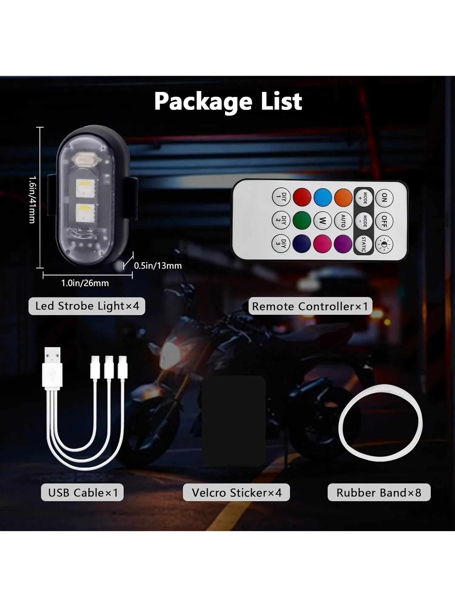 8pcs LED Flashing Lights - 8 Colors Crash Lights with Remote Control, Rechargeable, for Car, Motorcycle, Bicycle