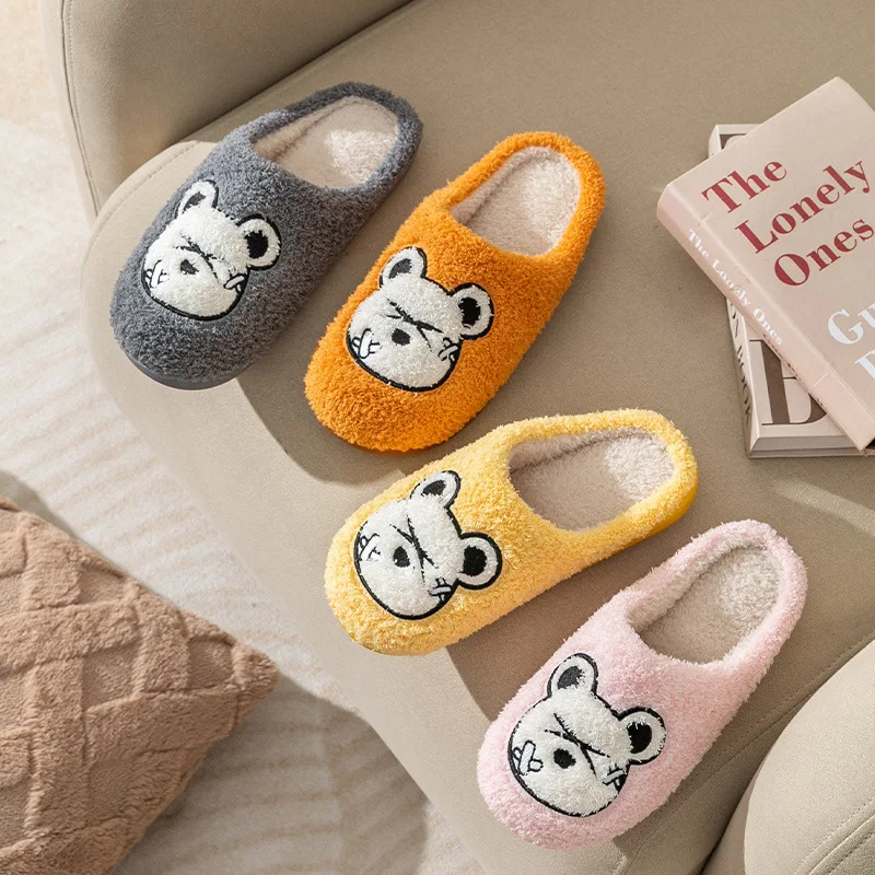 

men Winter Warm Slipper House Fuzzy Bear Cartoon Fur Plush Indoor Lazy Female Thermal Home Shoe Furry Funny Flat flip flop 2025