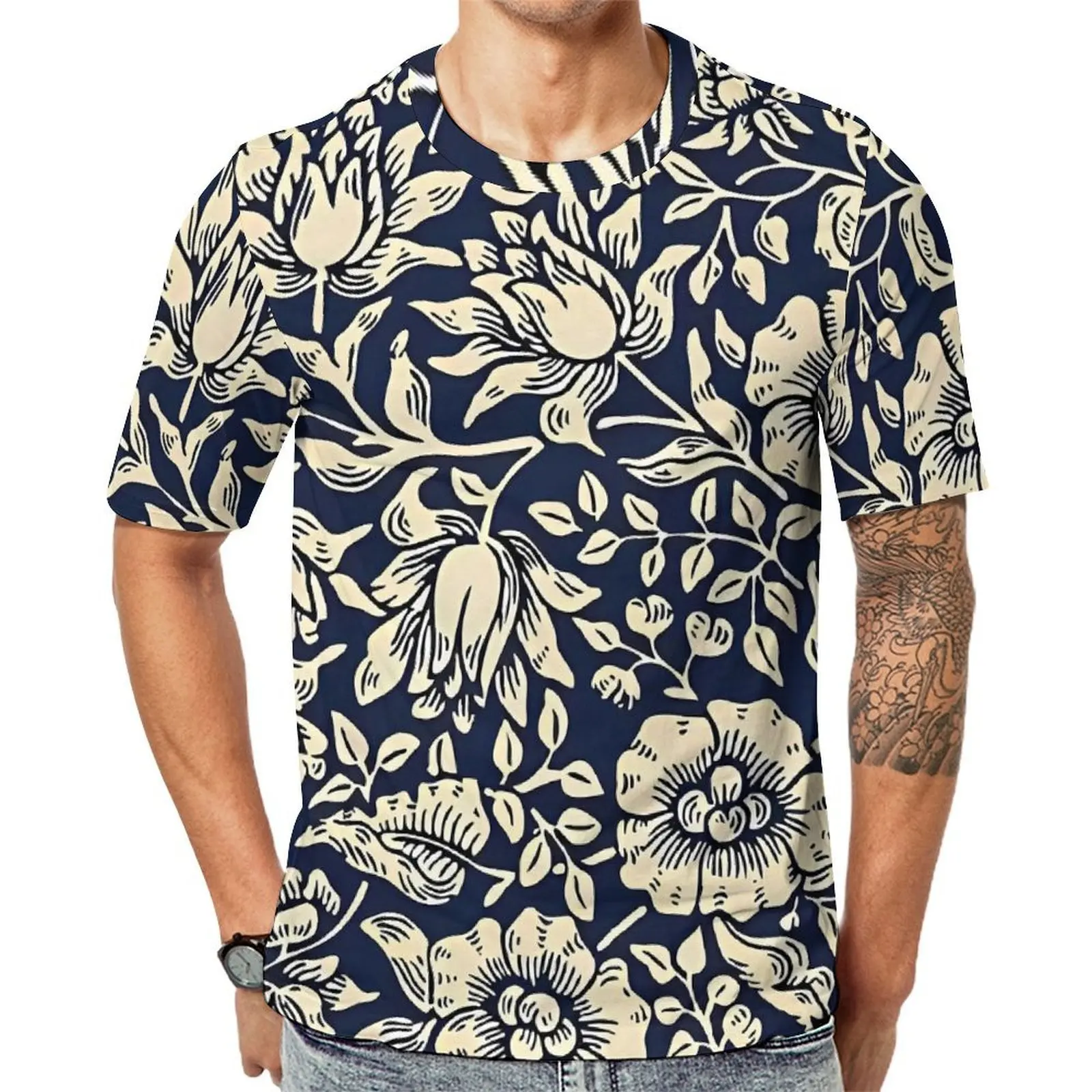 Summer T Shirt Art Nouveau T Shirts William Morris Blue Floral Classic Retro Tees For Men Short-Sleeved Design Oversized Clothes