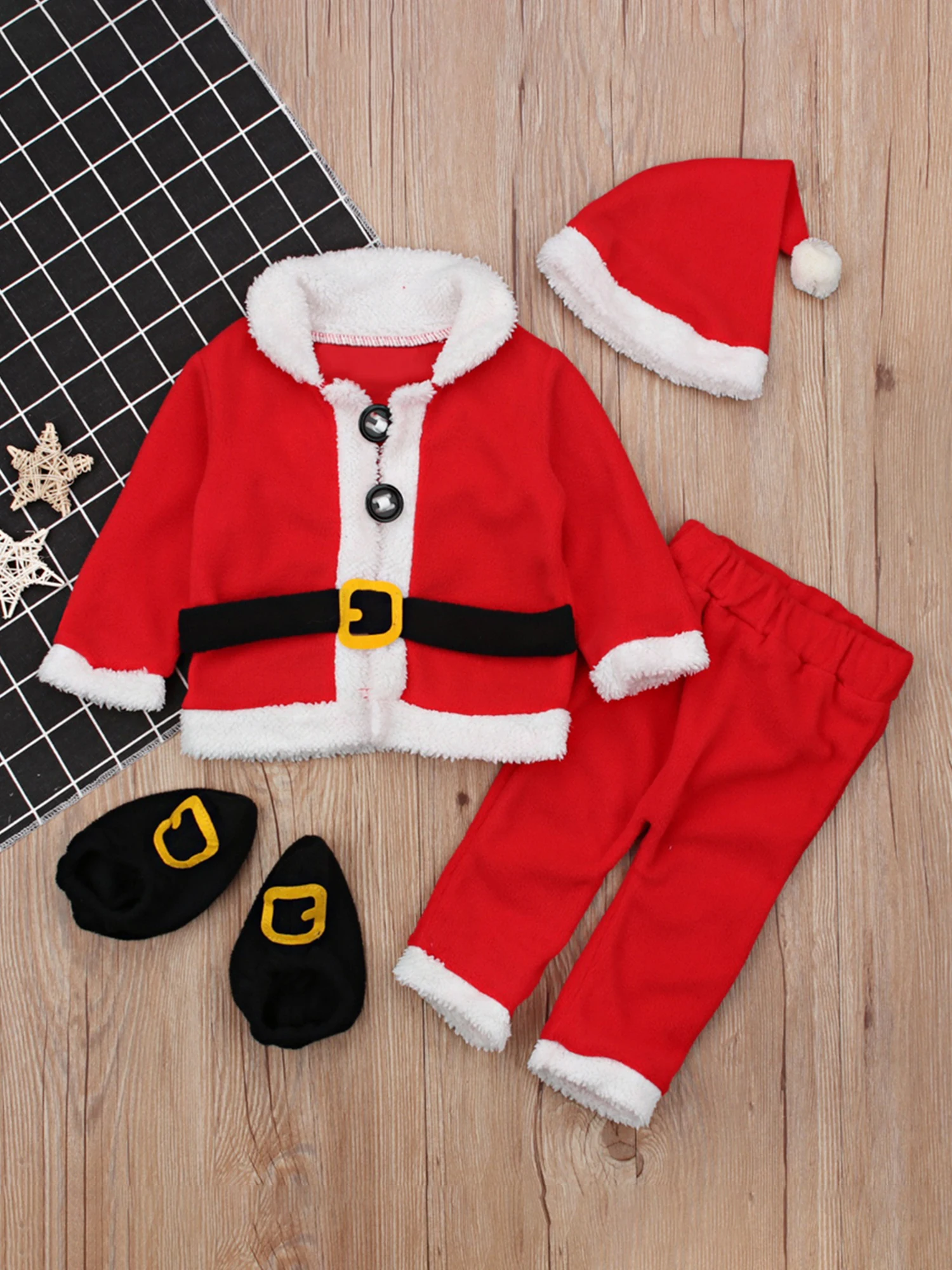 Children s Christmas Outfit Festive Red Velvet Suit with Coat Pants Hat Boots Shoes Cover - Holiday Costume for Boys and