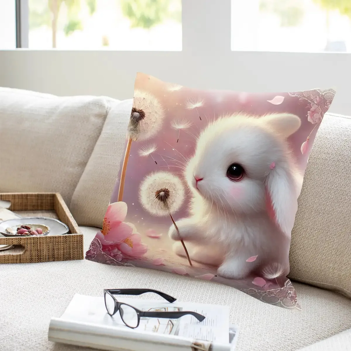 1pc Cute Pink Bunny Dandelion Double‑Sided Print Pillow Cover, Cushion Case for Sofa Bedroom, Insert Not Included, Home Decor