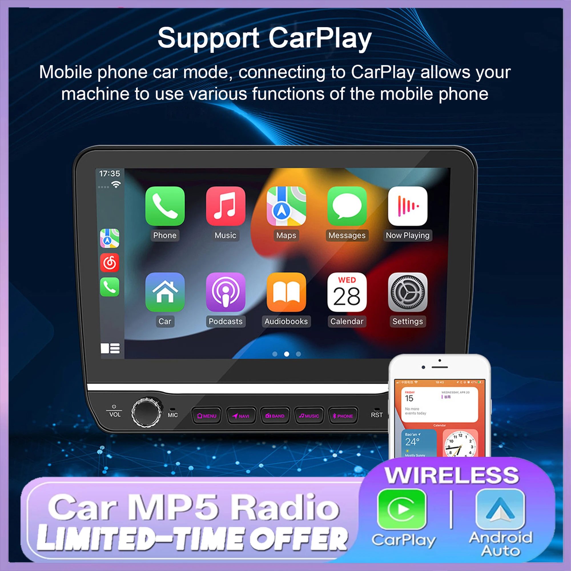 

10.1 Inch Touchscreen Car Universal 4+64G 2 Din Car Stereo GPS Navigation with Carplay Android Auto Car Radio with 720P Camera Support Voice Control Bluetooth Wifi Mirror Link SWC