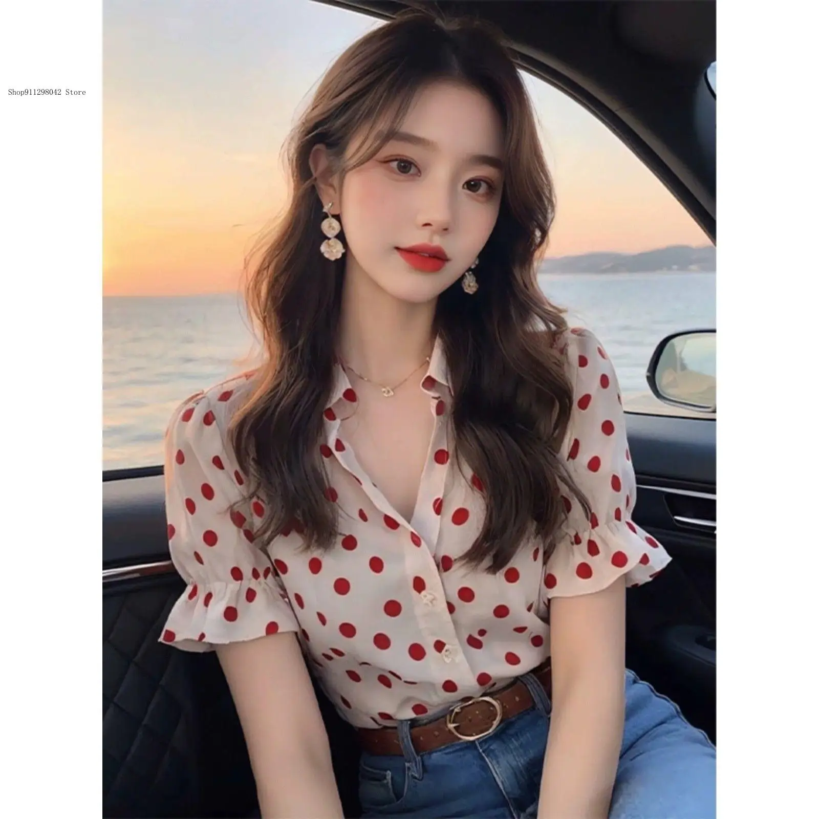 Summer Autumn Spring Casual Commuting Shirt French Light Cooked White Polka Dot Short Sleeved Shirt for Women