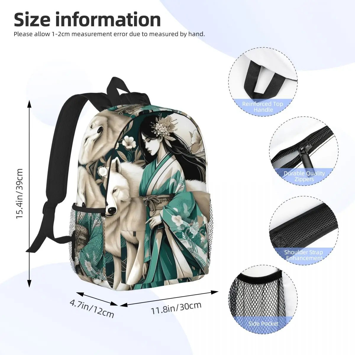 Japanese Anime Female Samurai And Wolf Backpack Daypack Large Capacity Boys Girls BookBag Shoulder Bags for Kids School Bag