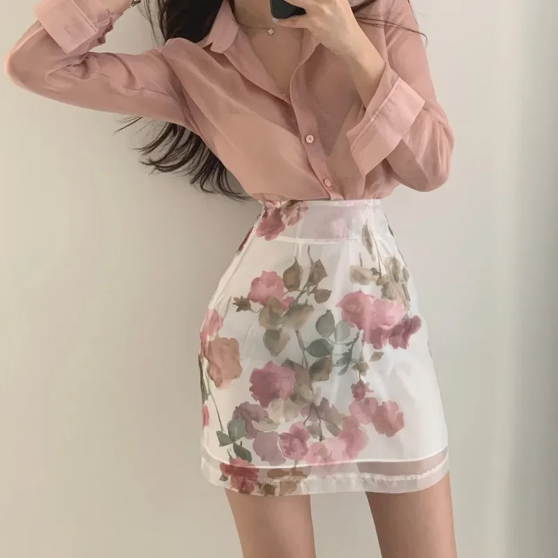 Korea Chic Elegant Women 2 Piece Sets Sexy See-through Long-sleeved Shirt+High Waist A-line Floral Print Skirt Sets 2pc OL Suits