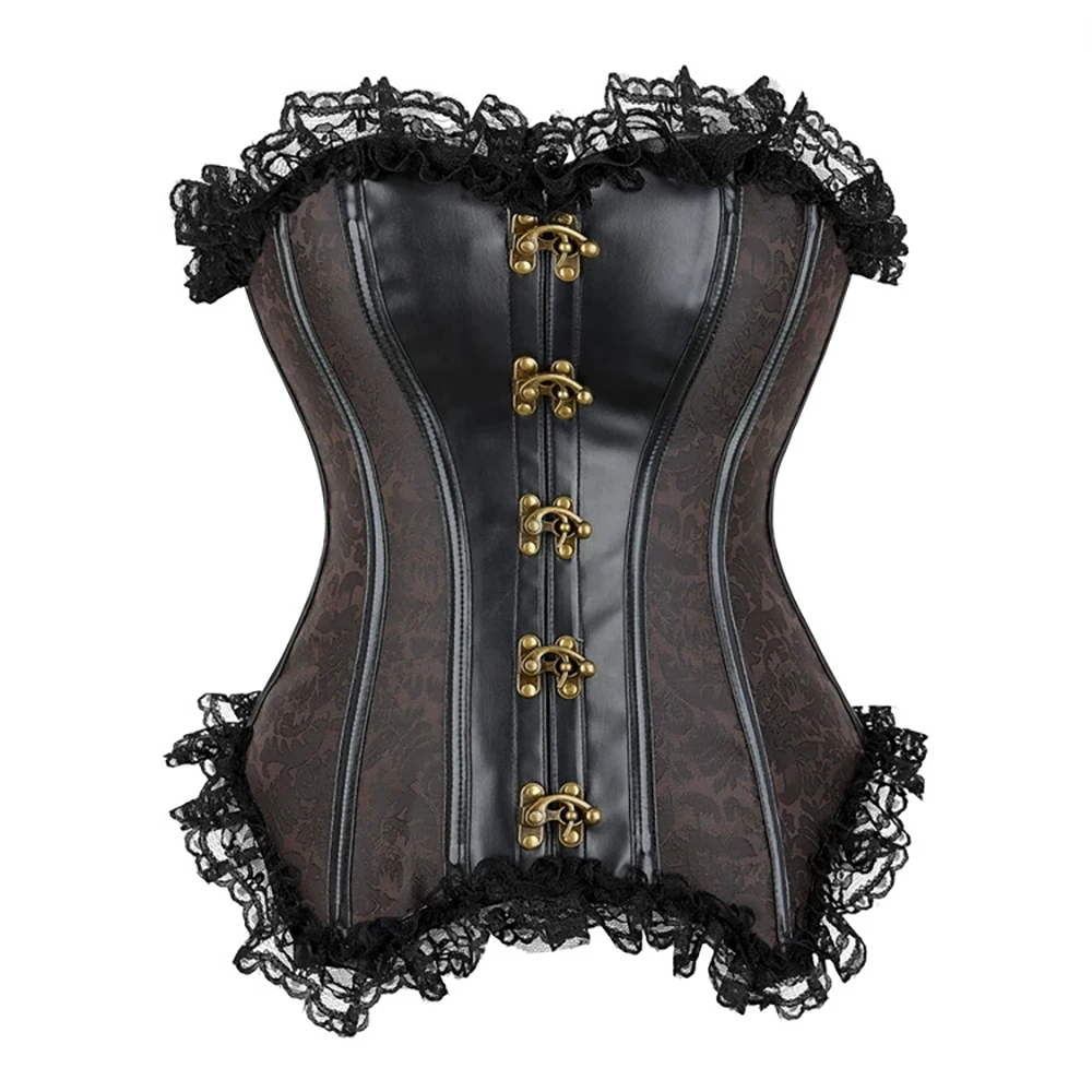 

Sexy Corsets Bustiers Floral Lace Tops For Women Leather Splicing Jacquard Vintage Corset Gothic Steampunk Corselet Boned