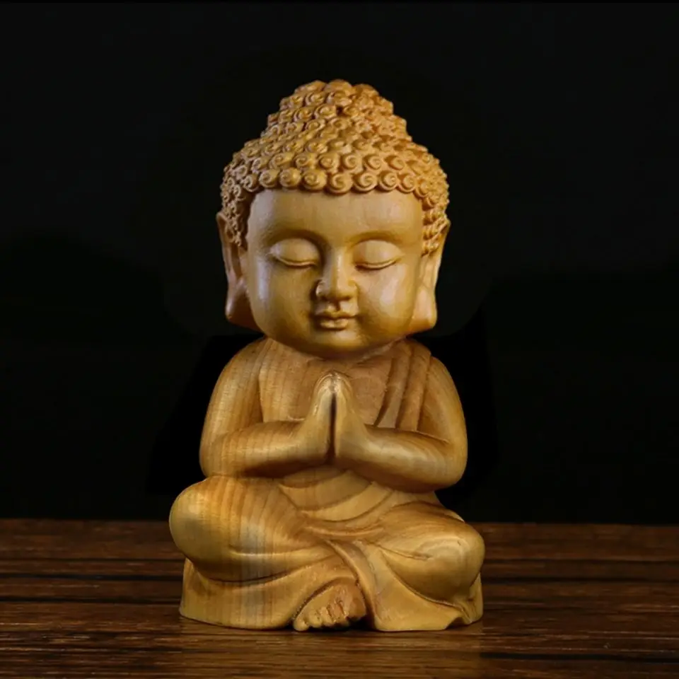 

Cypress wood carving small Tathagata Buddha statue Sakya hand handle piece cultural play craft ornament carving decorative gifts