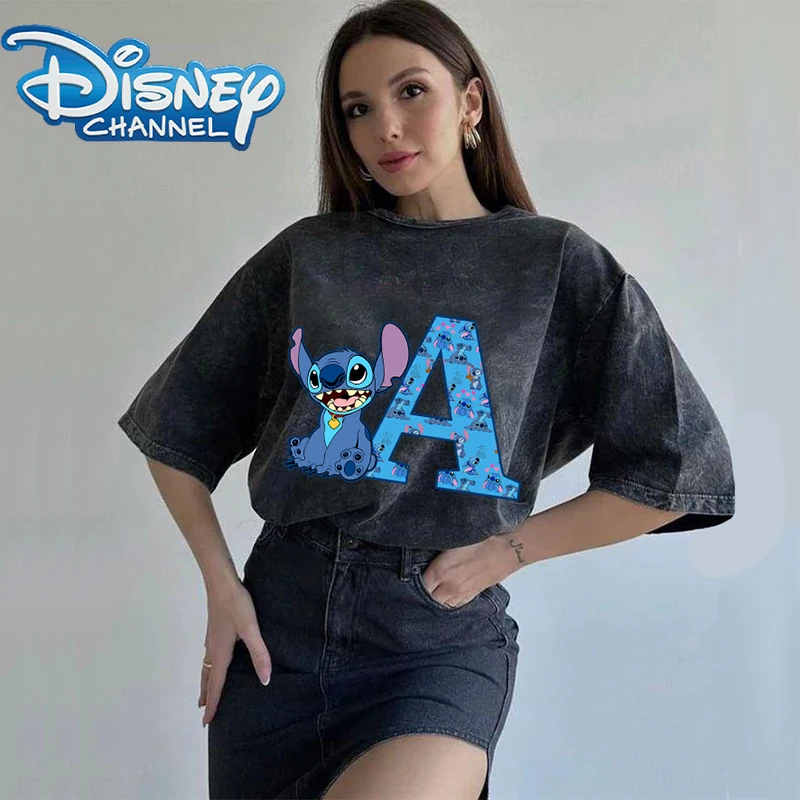 Disney Stitch Old Craftsmanship T-shirt Letter Stich Printed Adult Fashion Hip Hop Shirts Short Sleeve Casual Retro Outdoor Wear