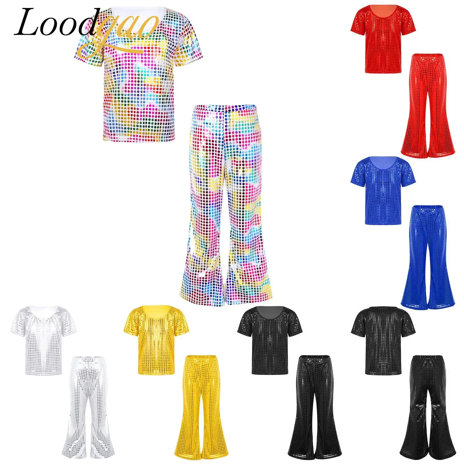 Kinder Street Jazz Dance Kostüm Outfits Schlaghosen + T-Shirt Glänzende Pailletten Streetwear Kinder Jungen Mädchen Hip-Hop Party Sets