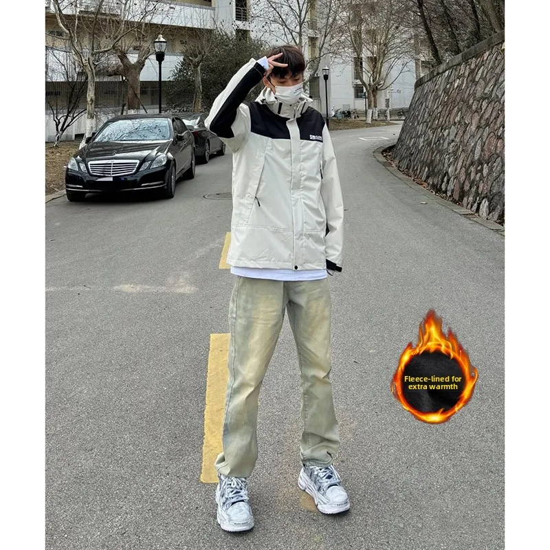

High Waist Flared Jeans Men's Autumn Winter Fce Lined Leg Lengthening American High Street Straight Knife Pants
