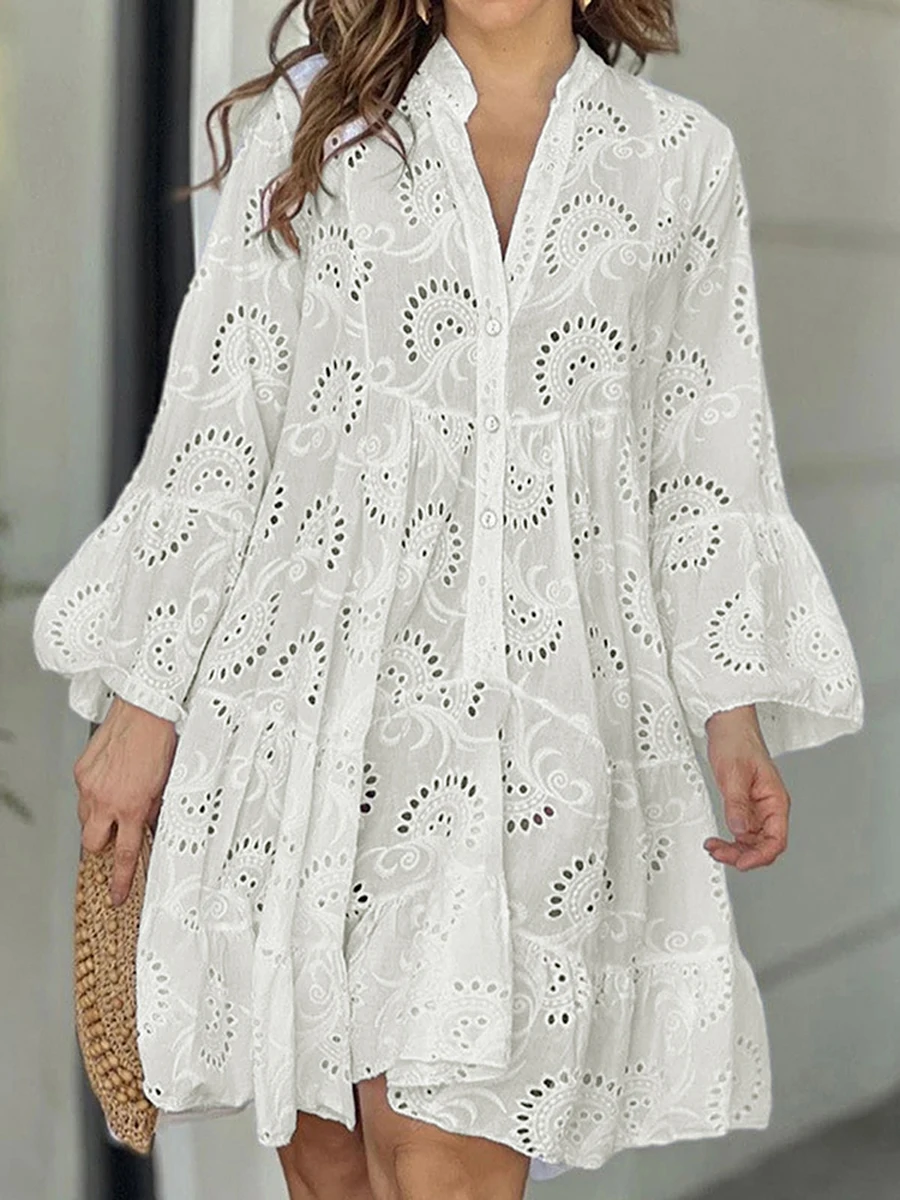 

Women Beach Cover Ups Embroidery Lace Shirt Dress Eyelet Hollow Out Long Sleeve Front Button V-Neck Loose Midi Dress