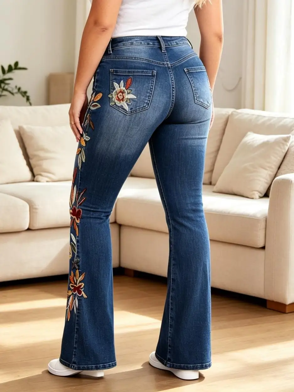 【HME】Jeans | Women Floral Embroidered Denim Pants, High Waist Flare Bell‑Bottom Denim Jeans, Full‑Length Side Flower Leaf Embroidery, Dark Blue Washed Stretch Pants, Retro Bohemian Denim For Party Holiday
